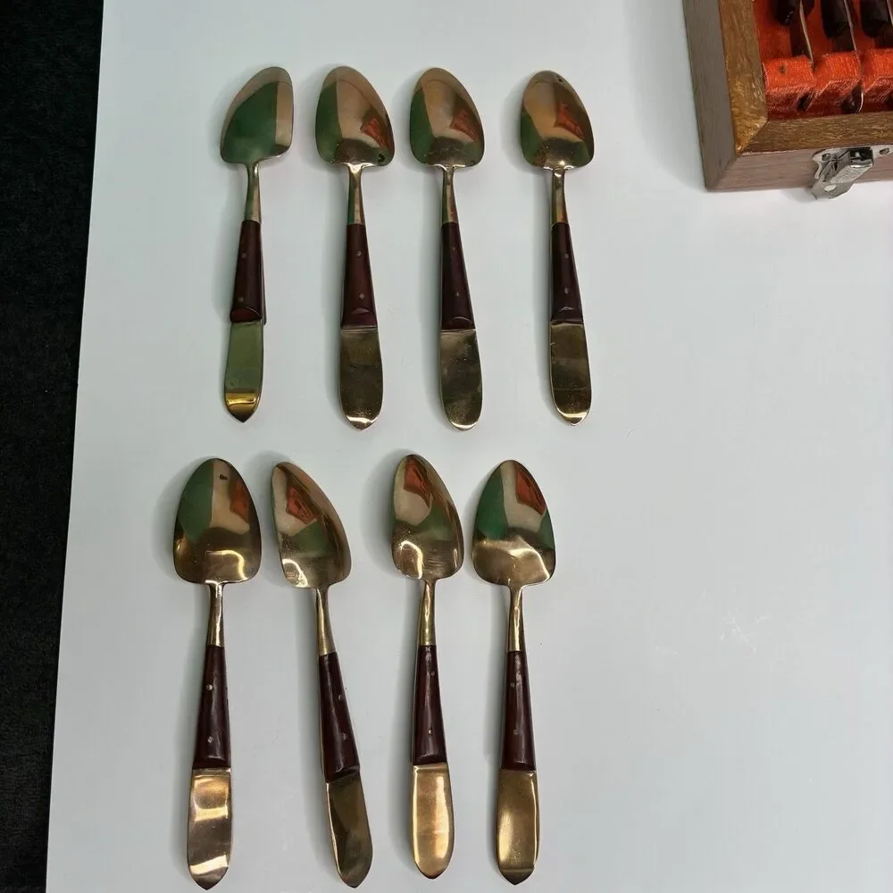 Vintage Thailand Siam Set For 8 Teak Brass Dessert Flatware w/Wooden Case